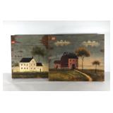 Pair of decor folk art style paintings on canvas,