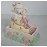 Ceramic lamb in wagon coin bank, 6.5"