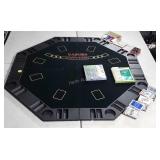 Folding poker table topper, poker chips and