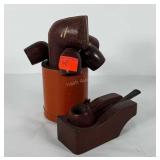 Six wooden tobacco pipes, one includes case, all