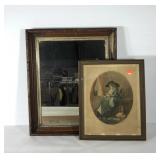 Early etching print 15x18 and wood frame mirror
