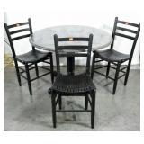 Wood table and three slat bottom chairs, painted,