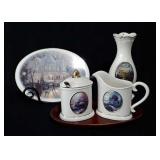 Thomas Kinkade vase (7.5"), cream and sugar with