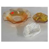 2 carnival glass bowls and milk glass ashtray /