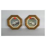 2 octogan shaped frames with matted swan prints.