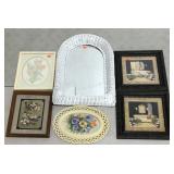 Wall art, wicker framed mirror 19x29, five framed