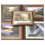 Five large wildlife framed pictures, sizes range