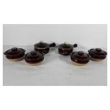 Mini stoneware crocks, all with lids, two with