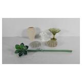 Glassware group, pulled glass flower, vase, candy