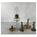 Glass oil lamp and brass candleholders