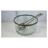 Clear glass salad bowl and untensils, silverplate