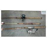Three rods and two reels, 2 larger rods are 7
