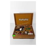 Wooden jewelry box with pins, earrings,