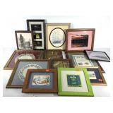 Wall art, thirteen framed needlework, paper