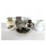Pottery collection, four vases and a dish, most