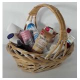 Basket of lotions, shaving cream, sprays, dry