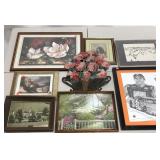 Large wall art group, fourteen framed pictures,