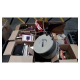 Skid lot, shoes, books, crockpot (no lid) and