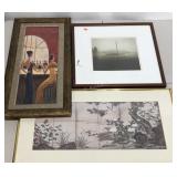 Large wall art group, fifteen framed pictures,