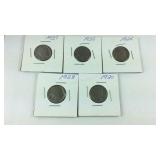 Five buffalo nickels 1920, 25, 28, 35, 37