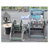 Outdoor items lot, 2 water hose reels, chair,