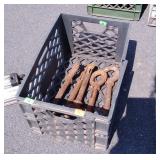 Tools, milk crate with 5 Hitch pin type hooks