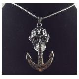 24 inch skull with anchor stainless pendant