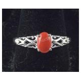Size 9 Sterling coral  cabochon solitaire ring