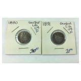 Two seated liberty dimes 1890 and 1891