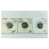 Three seated liberty dimes, 1878, 1875, and 1838