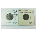 Two - three cent pieces 1866 and 1867