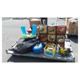 Skid lot of kids toys, plates, music CDs, fondue