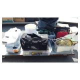 Skid of CDs, ceramic basket, lamp shades,