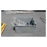 Big plastic tote with Lawn sprinkler, etc.