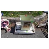 Home Goods metal wastebasket and wood gardening