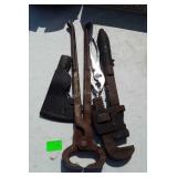 Vintage tools: pipe wrench,  nippers, axe head