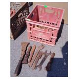 Tools, milk crate with Older Pipe Wrenches