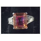 Nice Sterling Silver Ring With Emerald Cut Orange