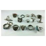Assorted silvertone rings 16 total