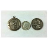 1959 Washington quarter, 1961 Dime, and sterling