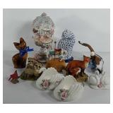 Figurines, includes wooden cat, porcelain cat,