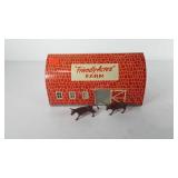 Toys, Friendly Acres metal barn and two bulls,