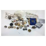 Eye glasses, Sterling shaker, lighters, and