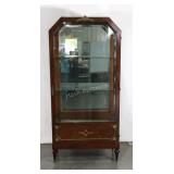 Burl wood curiosity cabinet, three glass shelves,