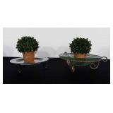 Glass plate and bowl, each on a metal tri-footed