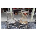 Two slat seat porch rockers, chair on right needs
