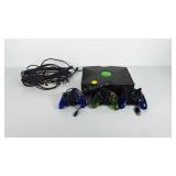 Xbox with three controllers, no power cord,