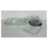Pyrex group, clear, two measuring cups, casserole