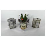 Home decor, includes candles, glass bowl, and
