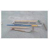 6 long handle tools, weed weasel, pipe